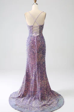 Brilhante Sereia Luz Roxo Sequins Prom Dress com Fenda