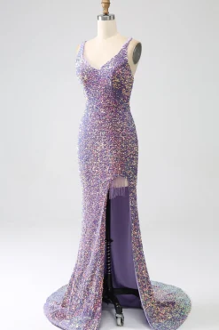 Brilhante Sereia Luz Roxo Sequins Prom Dress com Fenda