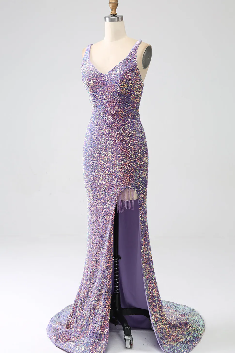Brilhante Sereia Luz Roxo Sequins Prom Dress com Fenda