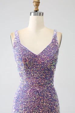Brilhante Sereia Luz Roxo Sequins Prom Dress com Fenda