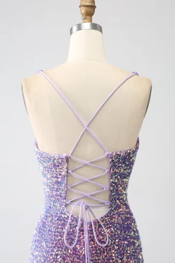Brilhante Sereia Luz Roxo Sequins Prom Dress com Fenda