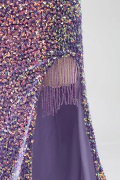 Brilhante Sereia Luz Roxo Sequins Prom Dress com Fenda