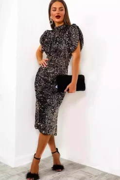 Brilhante Sereia Preto Sequins High Neck Tea Length Vestido de festa