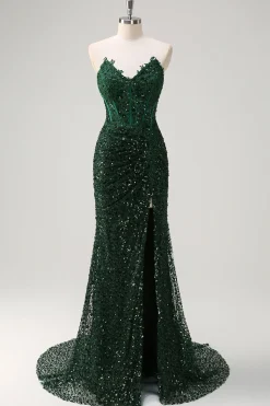 Brilhante Sereia Querida Verde Escuro Corset Sequins Vestido de Baile de Formatura de Renda com Fenda