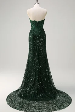 Brilhante Sereia Querida Verde Escuro Corset Sequins Vestido de Baile de Formatura de Renda com Fenda