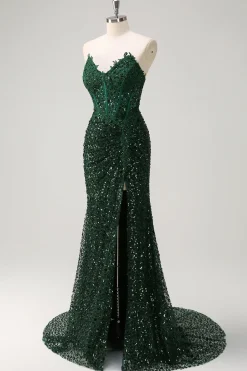 Brilhante Sereia Querida Verde Escuro Corset Sequins Vestido de Baile de Formatura de Renda com Fenda