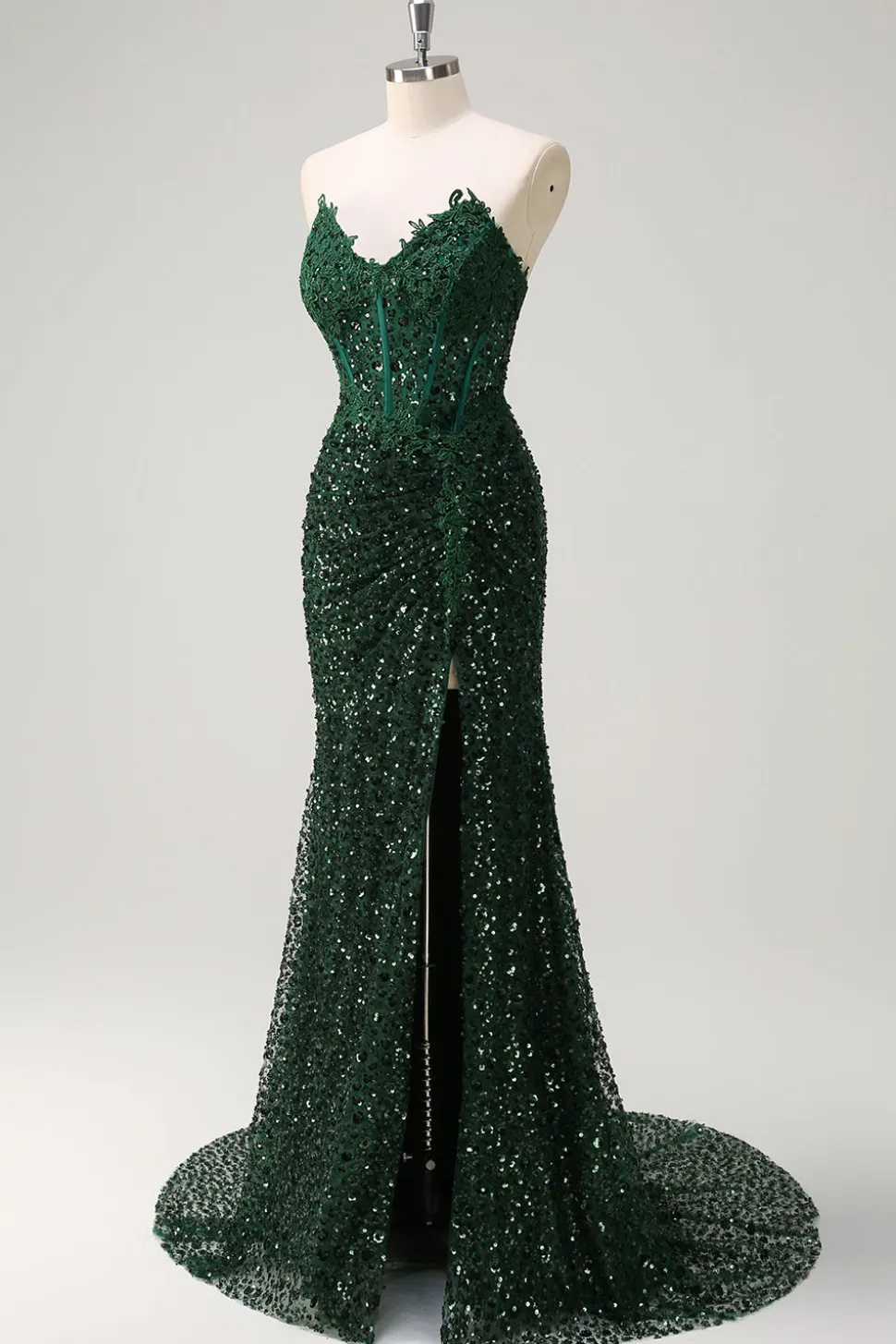 Brilhante Sereia Querida Verde Escuro Corset Sequins Vestido de Baile de Formatura de Renda com Fenda