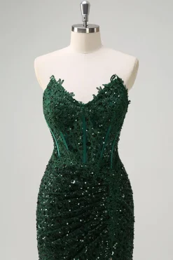 Brilhante Sereia Querida Verde Escuro Corset Sequins Vestido de Baile de Formatura de Renda com Fenda
