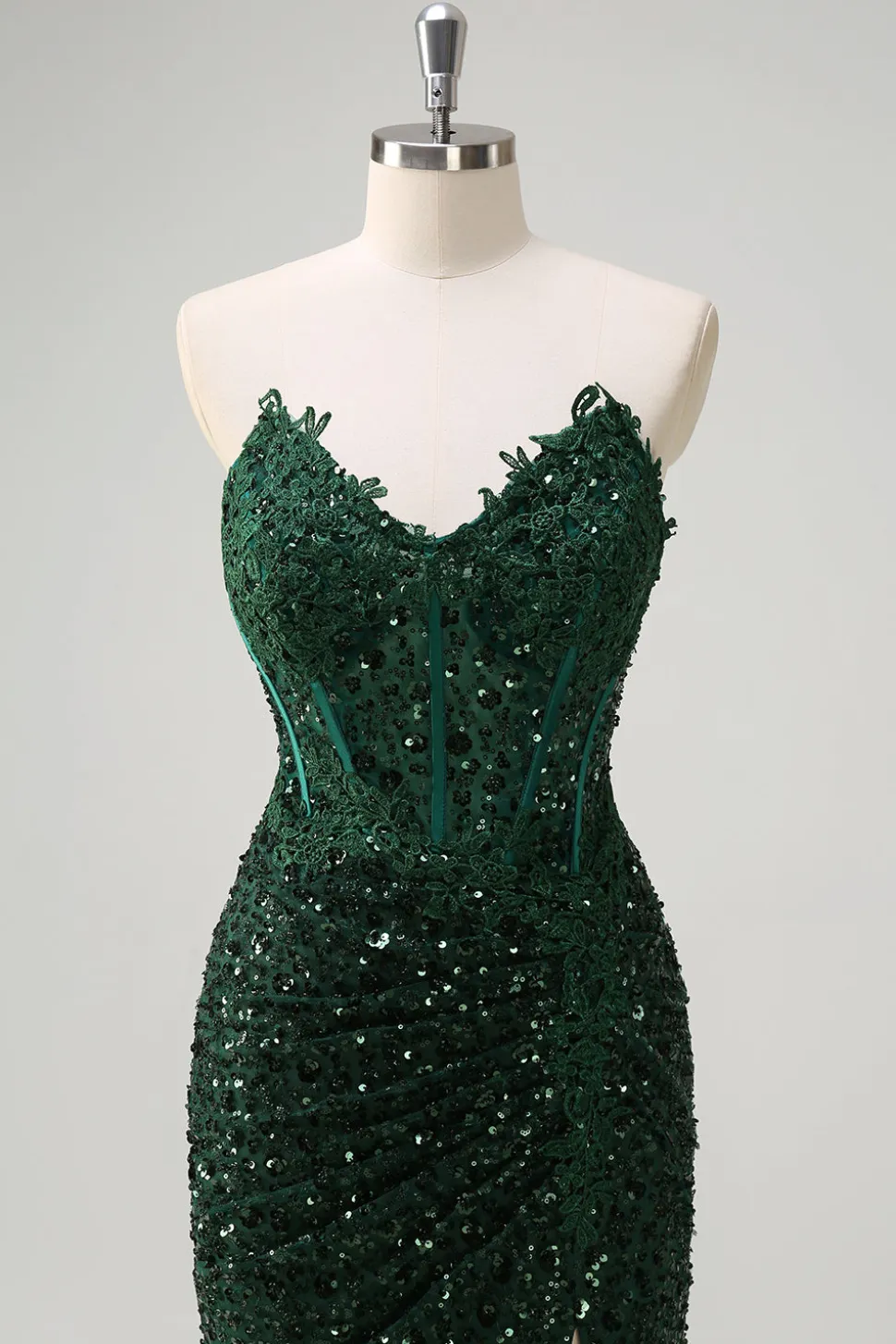 Brilhante Sereia Querida Verde Escuro Corset Sequins Vestido de Baile de Formatura de Renda com Fenda