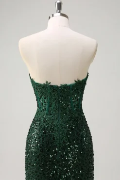 Brilhante Sereia Querida Verde Escuro Corset Sequins Vestido de Baile de Formatura de Renda com Fenda