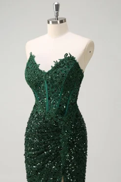 Brilhante Sereia Querida Verde Escuro Corset Sequins Vestido de Baile de Formatura de Renda com Fenda