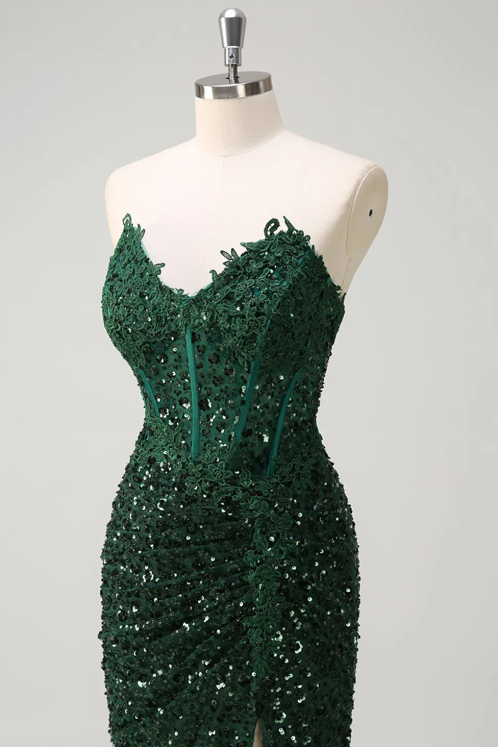 Brilhante Sereia Querida Verde Escuro Corset Sequins Vestido de Baile de Formatura de Renda com Fenda