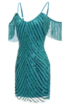Brilhante Turquesa Apertada Lantejoulas Curto vestido de cocktail com franjas