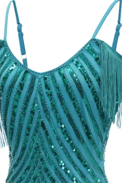 Brilhante Turquesa Apertada Lantejoulas Curto vestido de cocktail com franjas