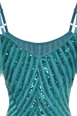 Brilhante Turquesa Apertada Lantejoulas Curto vestido de cocktail com franjas
