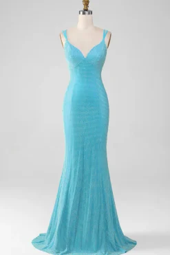 Brilhante Turquesa Sereia Esparguete Correias Longo Vestido de Baile Com Missangas