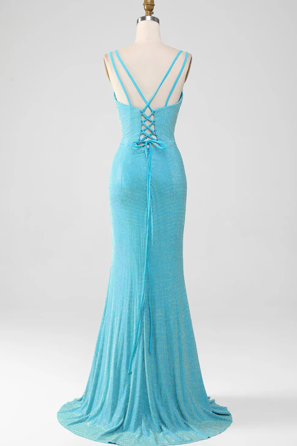 Brilhante Turquesa Sereia Esparguete Correias Longo Vestido de Baile Com Missangas