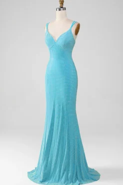 Brilhante Turquesa Sereia Esparguete Correias Longo Vestido de Baile Com Missangas
