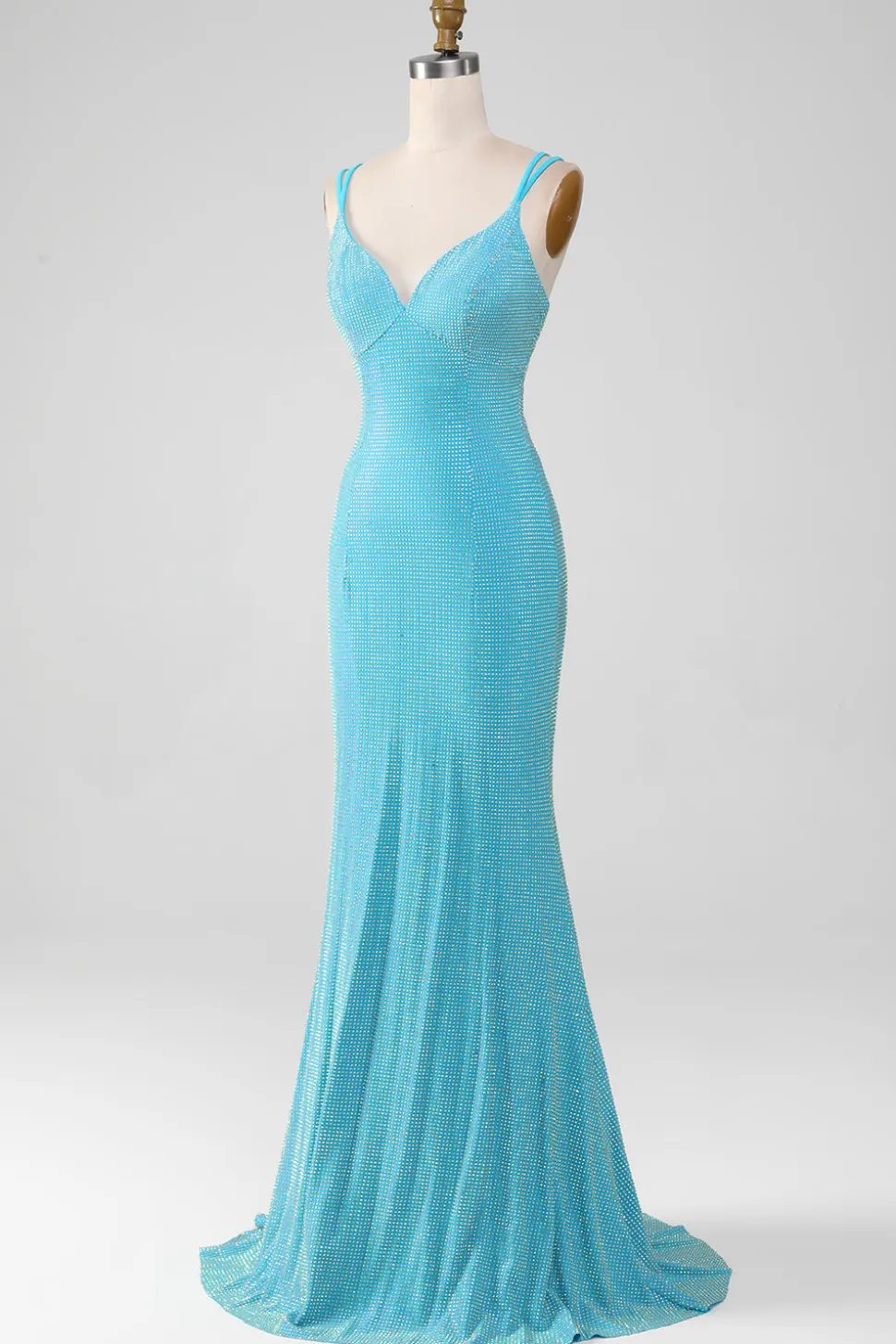 Brilhante Turquesa Sereia Esparguete Correias Longo Vestido de Baile Com Missangas