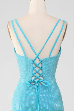 Brilhante Turquesa Sereia Esparguete Correias Longo Vestido de Baile Com Missangas