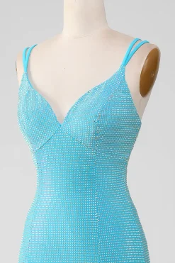 Brilhante Turquesa Sereia Esparguete Correias Longo Vestido de Baile Com Missangas