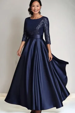 Brilhante Uma Linha de Lantejoulas Mangas Longas Marinha Longa Mãe do Vestido da Noiva