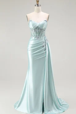 Brilhante Verde Claro Espartilho Sereia Longo Vestido Baile De Formatura Com Flâmula