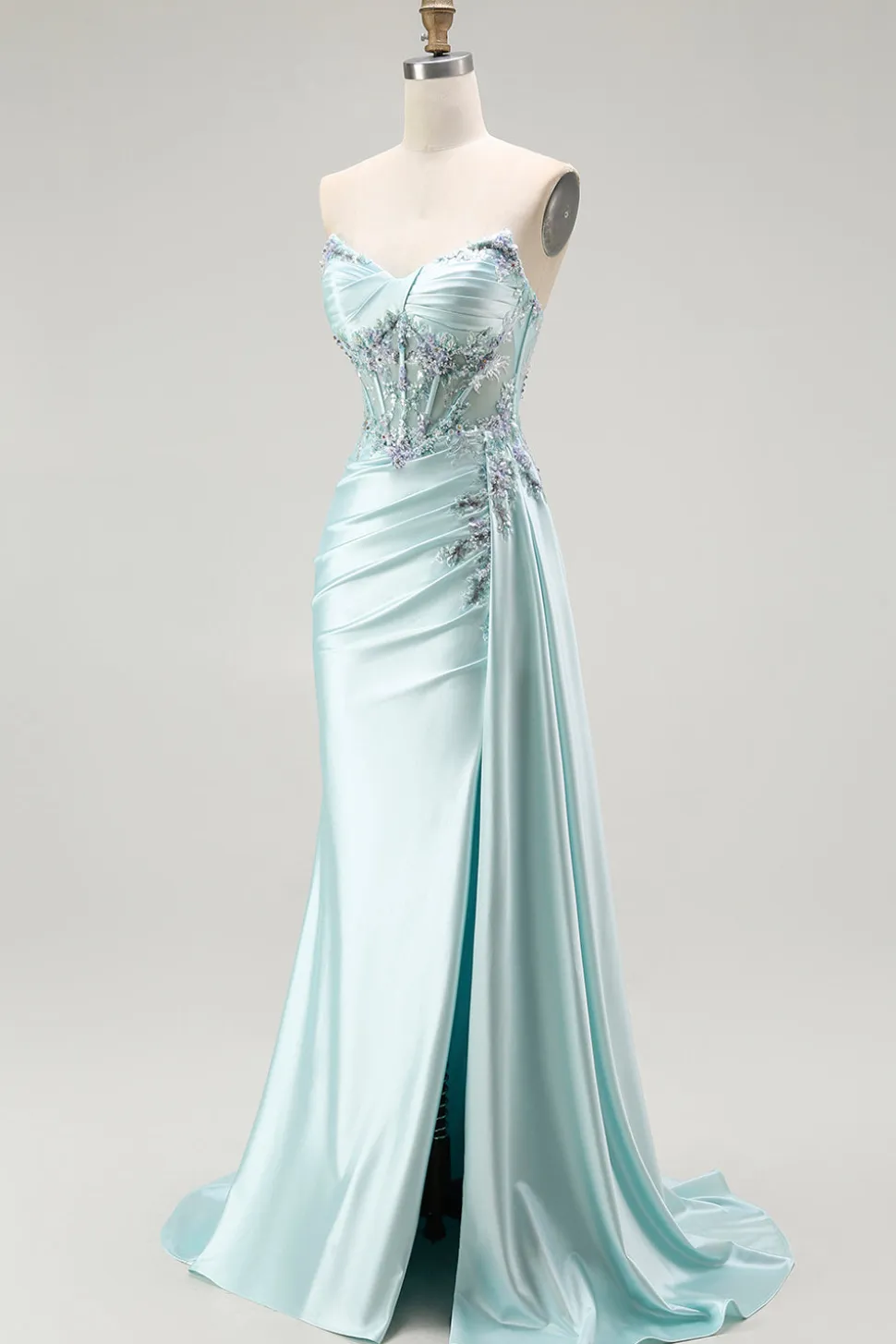 Brilhante Verde Claro Espartilho Sereia Longo Vestido Baile De Formatura Com Flâmula
