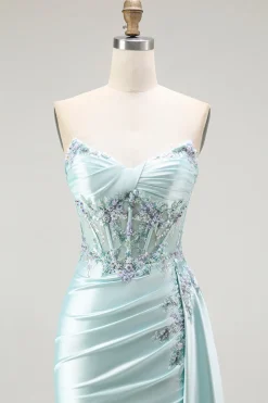 Brilhante Verde Claro Espartilho Sereia Longo Vestido Baile De Formatura Com Flâmula