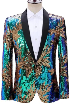 Brilhante Verde e Azul Xale Lapela Um Botão Masculino Prom Blazer