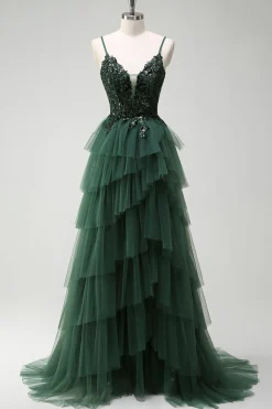 Brilhante verde escuro A-Line Corset Ruffles Appliqued Long Prom Dress com fenda