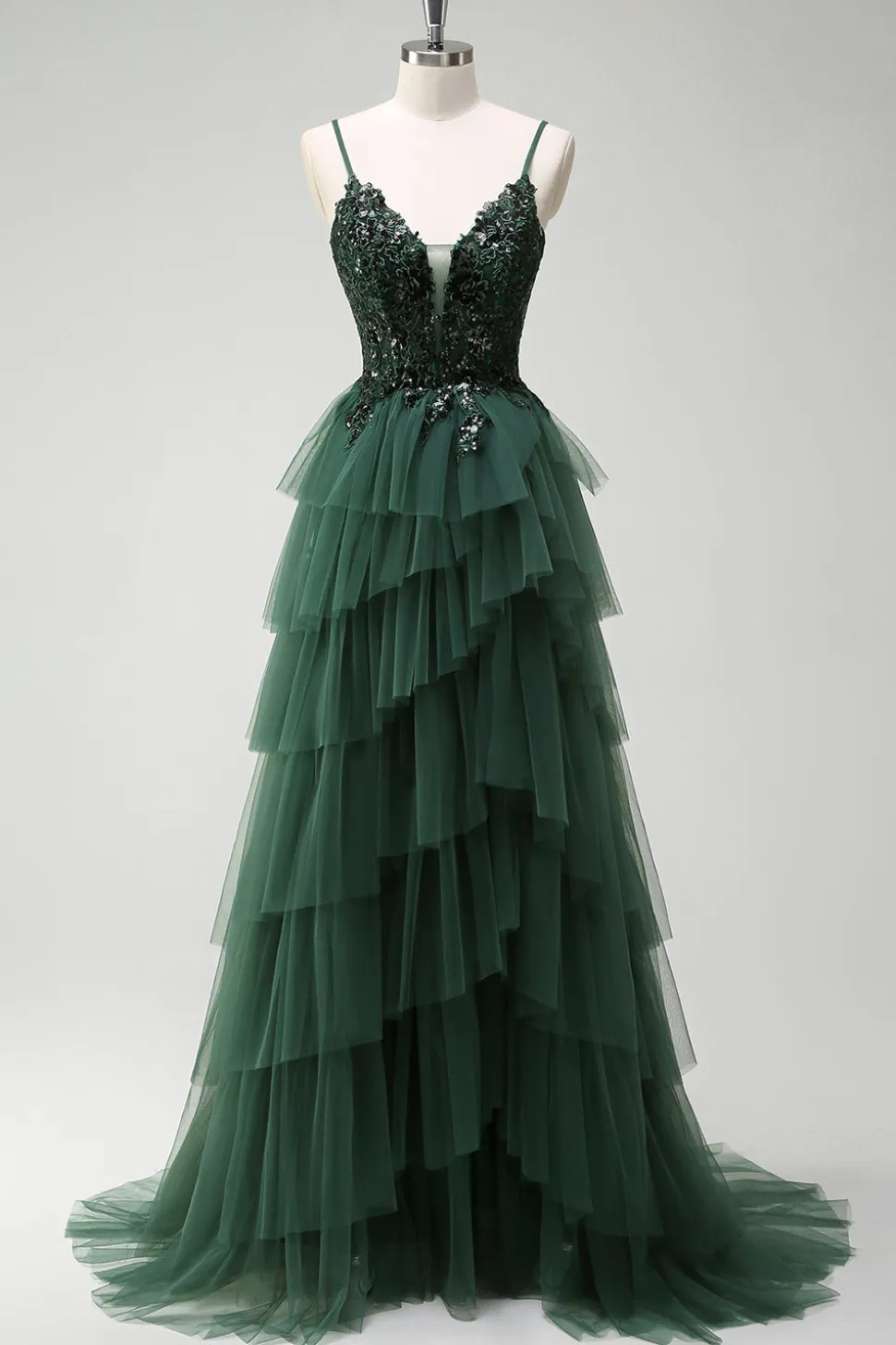Brilhante verde escuro A-Line Corset Ruffles Appliqued Long Prom Dress com fenda