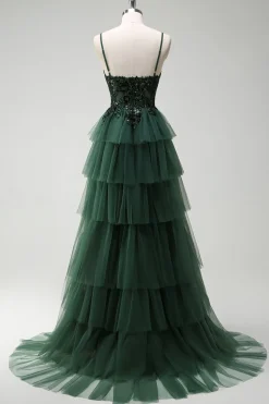 Brilhante verde escuro A-Line Corset Ruffles Appliqued Long Prom Dress com fenda