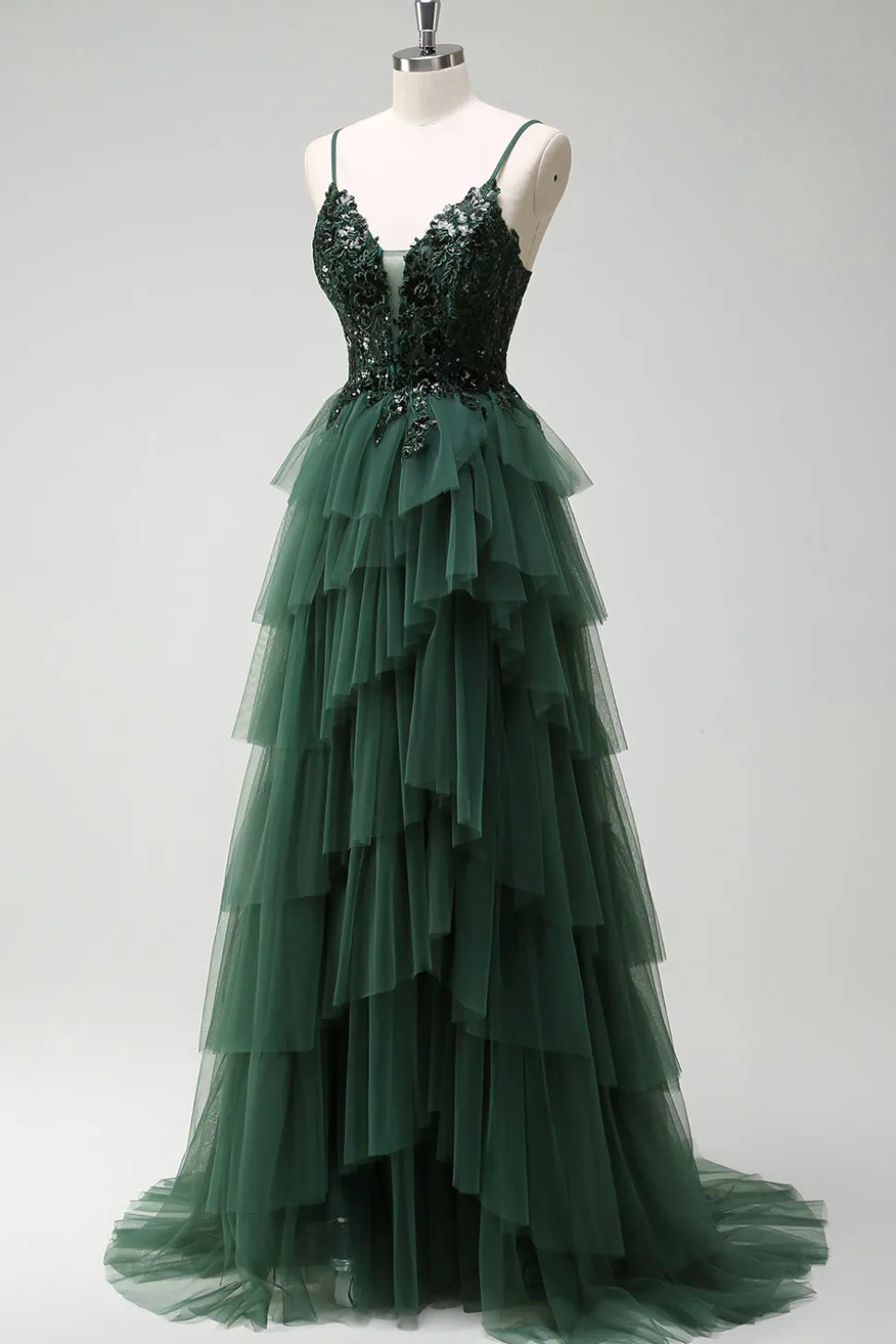 Brilhante verde escuro A-Line Corset Ruffles Appliqued Long Prom Dress com fenda
