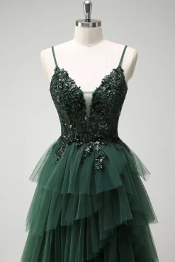 Brilhante verde escuro A-Line Corset Ruffles Appliqued Long Prom Dress com fenda