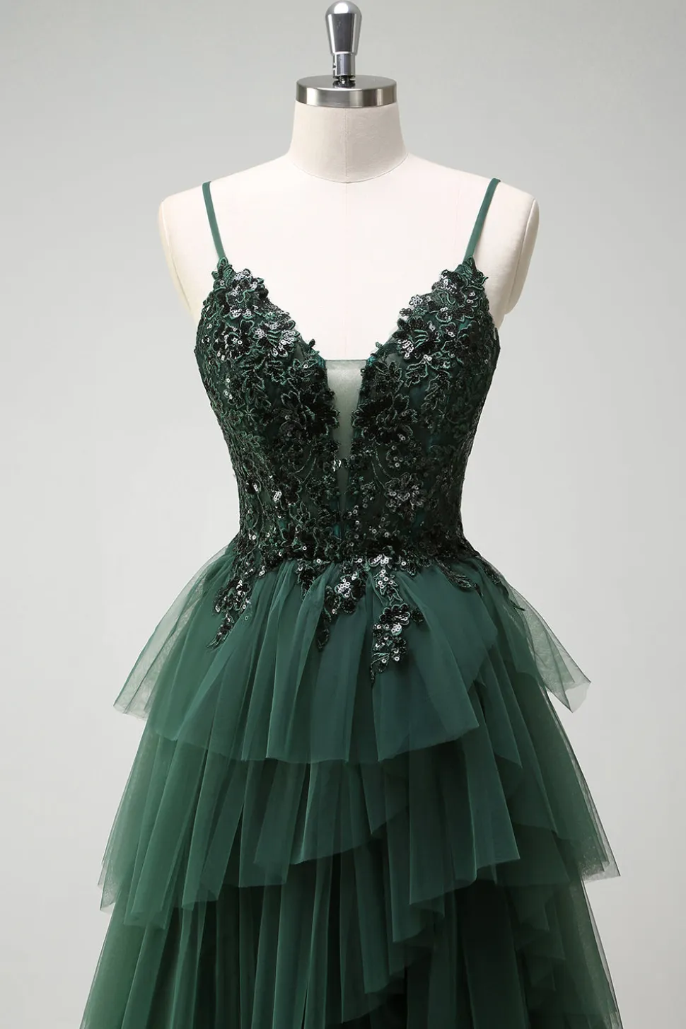 Brilhante verde escuro A-Line Corset Ruffles Appliqued Long Prom Dress com fenda