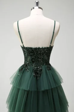 Brilhante verde escuro A-Line Corset Ruffles Appliqued Long Prom Dress com fenda