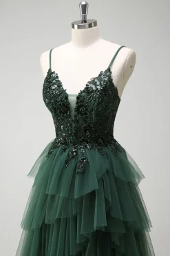 Brilhante verde escuro A-Line Corset Ruffles Appliqued Long Prom Dress com fenda