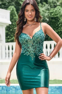 Brilhante verde escuro apertado V pescoço curto Homecoming vestido com lantejoulas