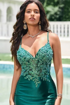 Brilhante verde escuro apertado V pescoço curto Homecoming vestido com lantejoulas