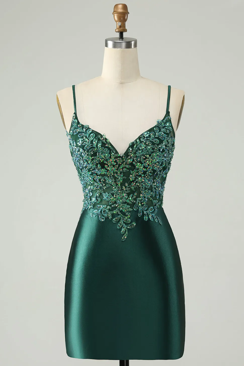 Brilhante verde escuro apertado V pescoço curto Homecoming vestido com lantejoulas