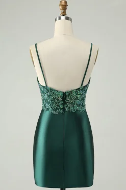 Brilhante verde escuro apertado V pescoço curto Homecoming vestido com lantejoulas