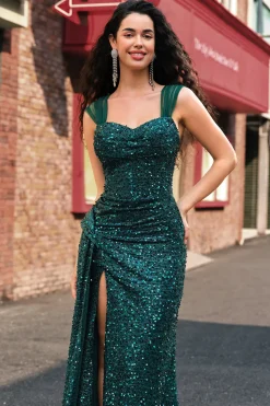 Brilhante verde escuro bainha de lantejoulas plissado longo vestido de baile com coxa dividida