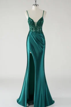 Brilhante Verde Escuro Esparguete Alças Sereia Vestido de Baile com Fenda