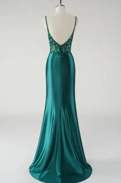 Brilhante Verde Escuro Esparguete Alças Sereia Vestido de Baile com Fenda