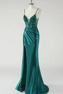 Brilhante Verde Escuro Esparguete Alças Sereia Vestido de Baile com Fenda