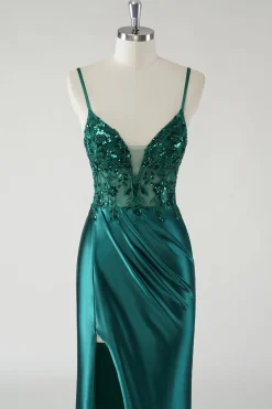 Brilhante Verde Escuro Esparguete Alças Sereia Vestido de Baile com Fenda