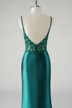 Brilhante Verde Escuro Esparguete Alças Sereia Vestido de Baile com Fenda