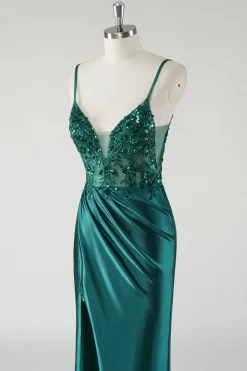 Brilhante Verde Escuro Esparguete Alças Sereia Vestido de Baile com Fenda