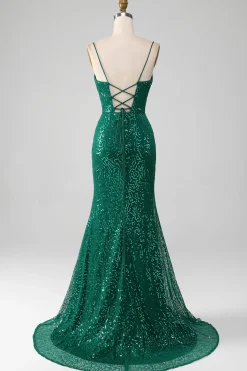 Brilhante verde escuro frisado Sequins longo vestido de baile com fenda